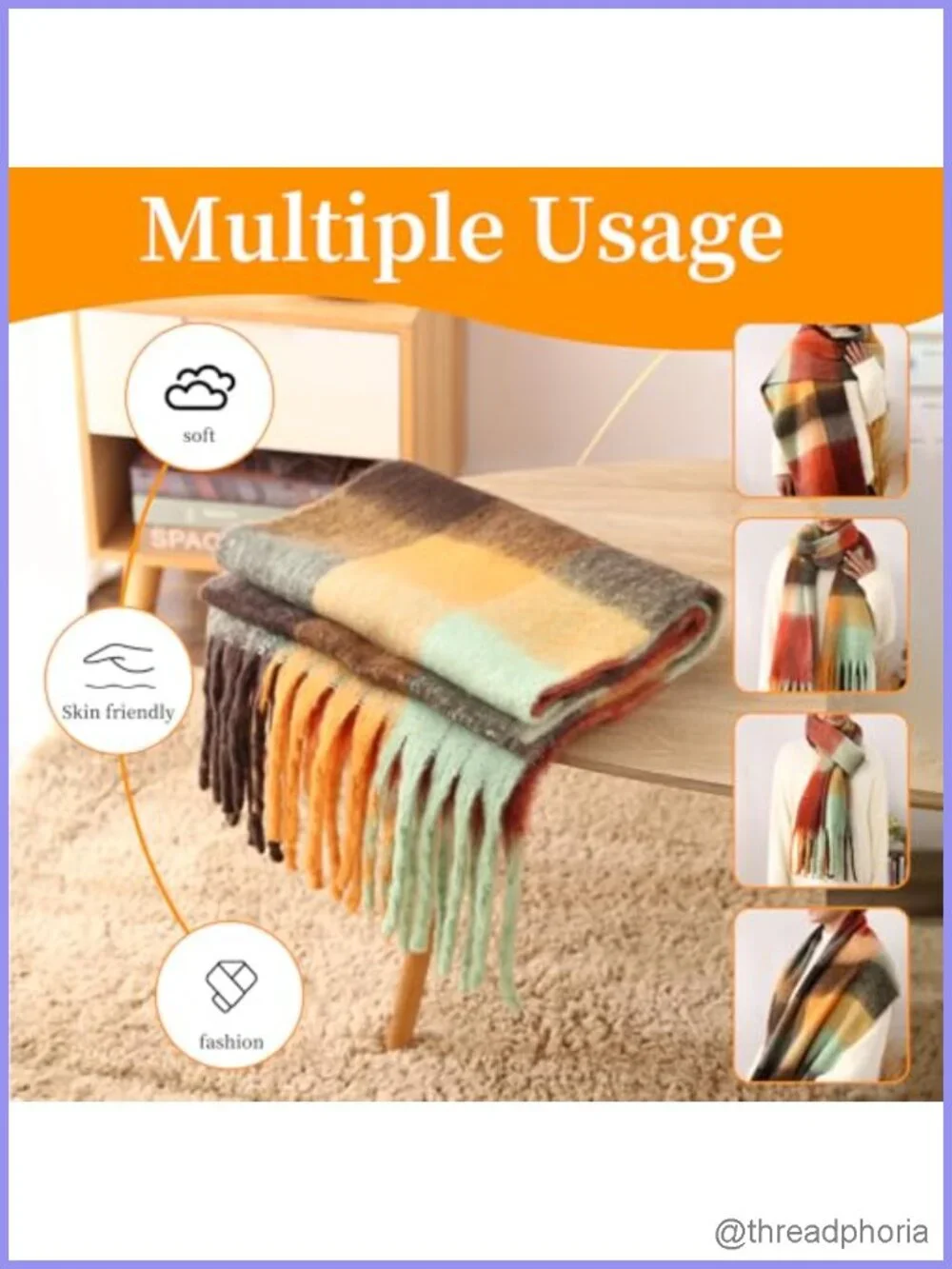 Oversized Plaid Scarf for Women with Tassels - Soft Acrylic Cashmere Feel
